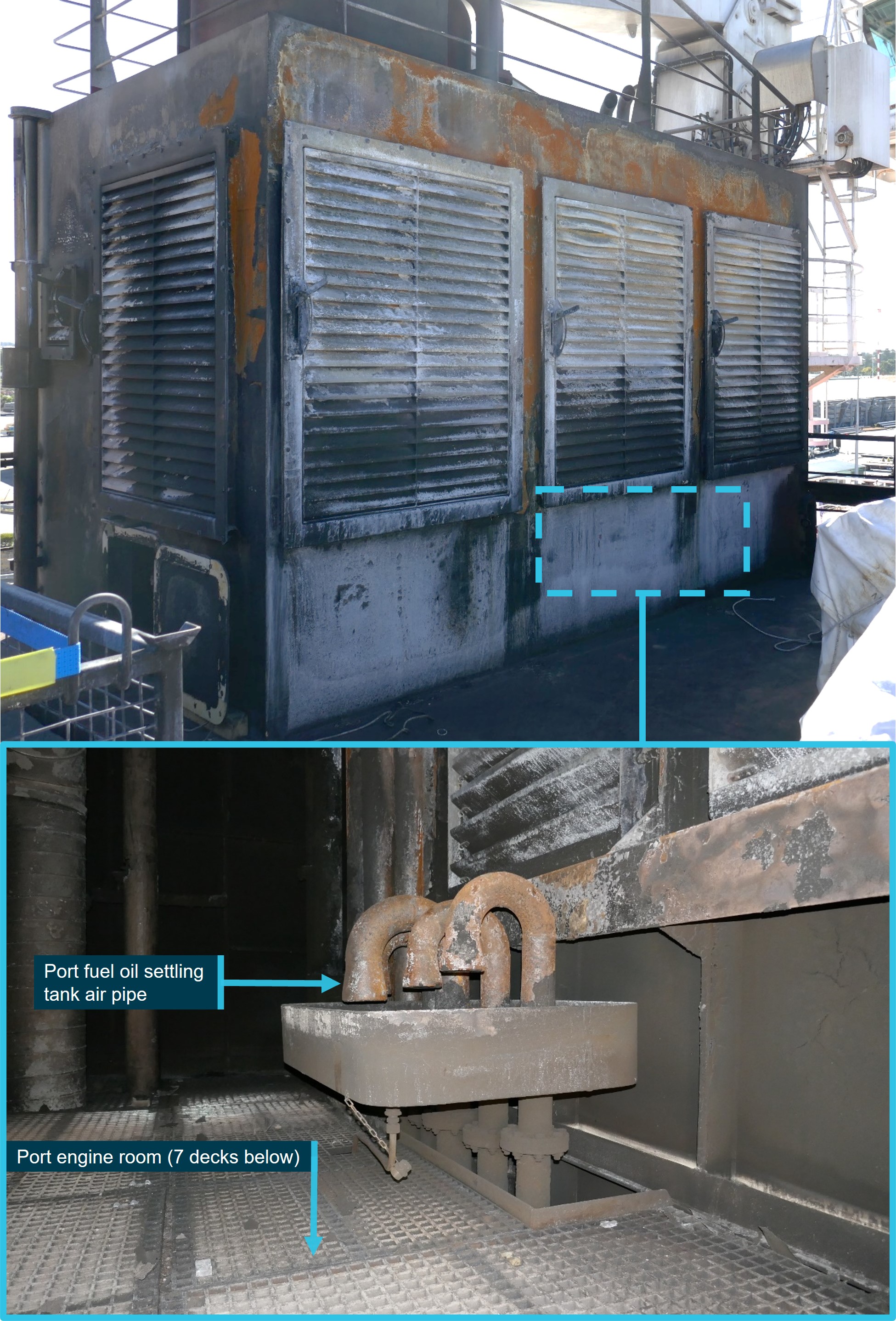 Figure 9: Port engine room exhaust ventilation casing (inset photo: close‑up of internal vent pipes)