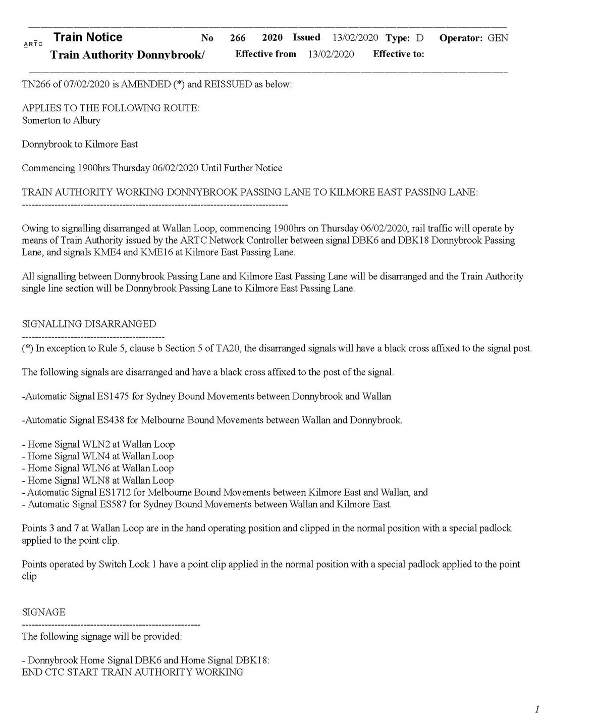 Appendix D – Train Notice 266 as amended 13 February