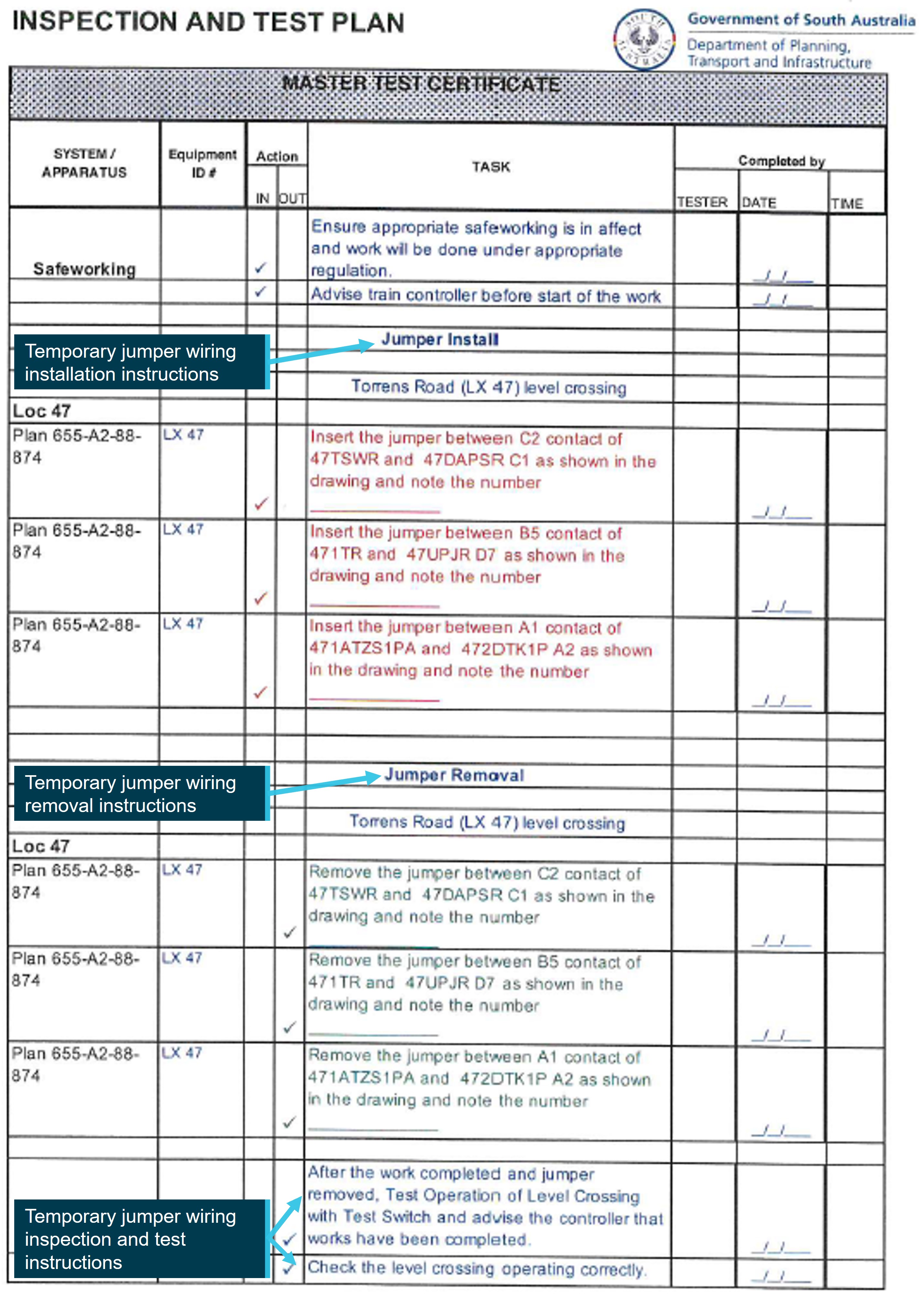 Figure 9: Master test certificate, section 2 page 1 of the Torrens Road inspection and test plan