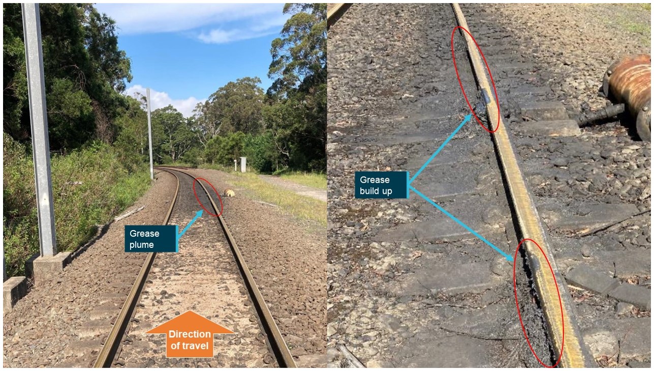 Figure 12: Rail flange lubrication device at 97.030 km and grease plume