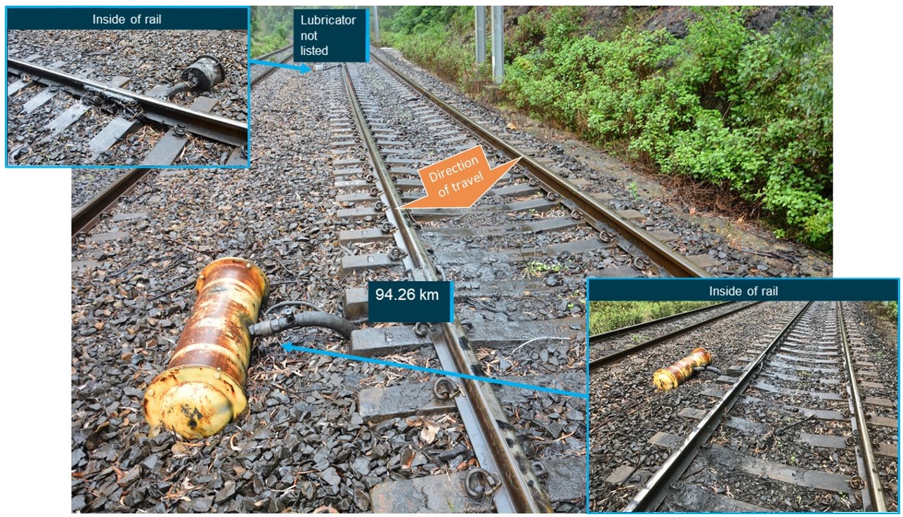 Figure 13: Rail lubrication devices leading to left hand curve and site of first derailment