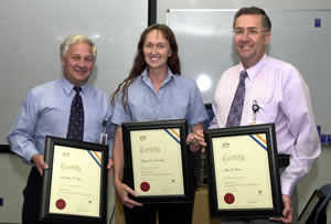 Senior ATSB investigators Alan Stray (Right), Kit Filor (Left) and Kerryn Macaulay (Centre) received their Diplomas...