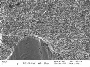 FIGURE 3,4: Scanning electron micrographs of the brittle cracking region.