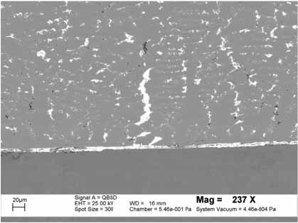 SEM image of the metallographic section, illustrating the lead migration