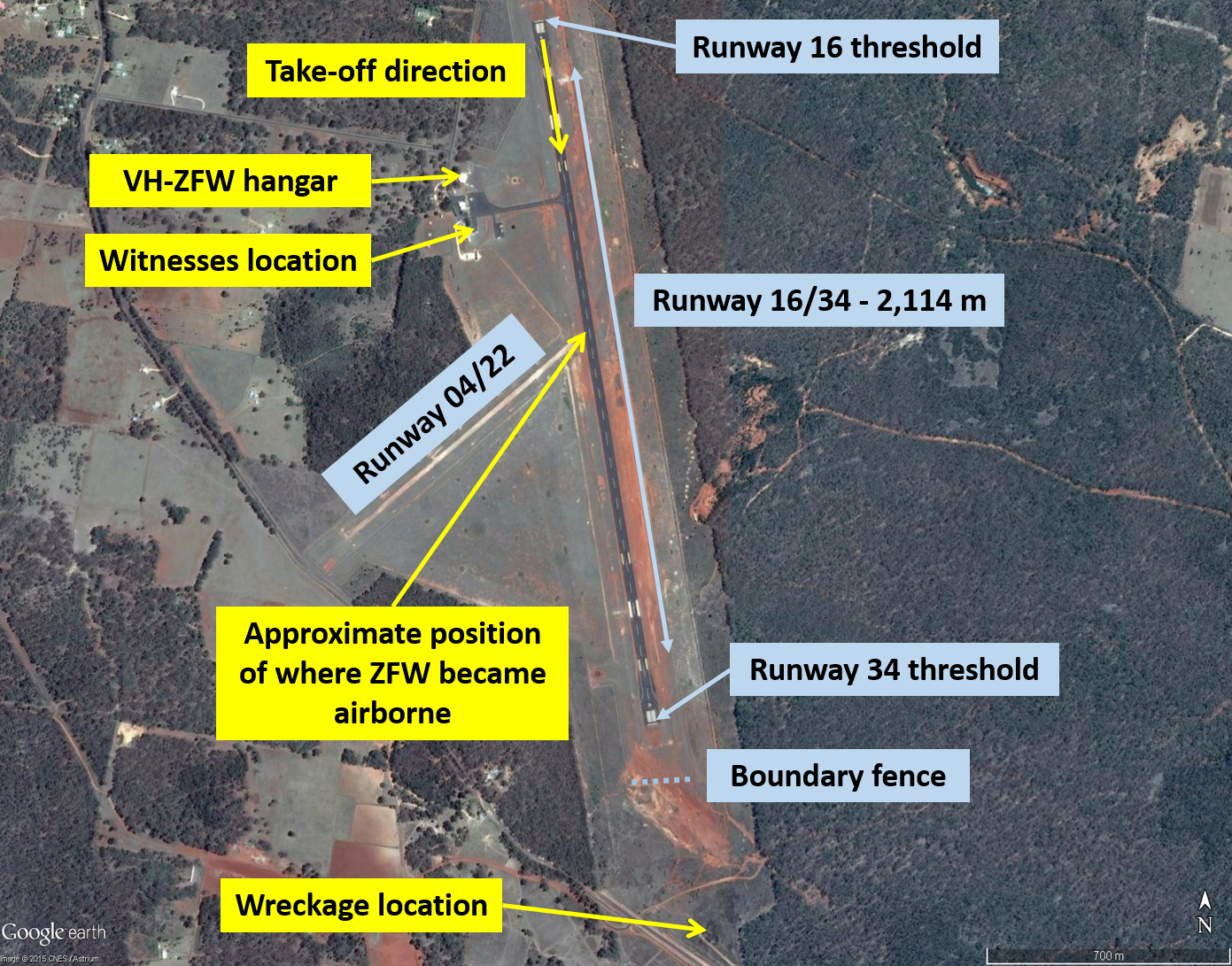 Figure 1: Runways at Inverell Airport, showing the location of the witnesses, approximate position that VHZFW became airborne and wreckage location