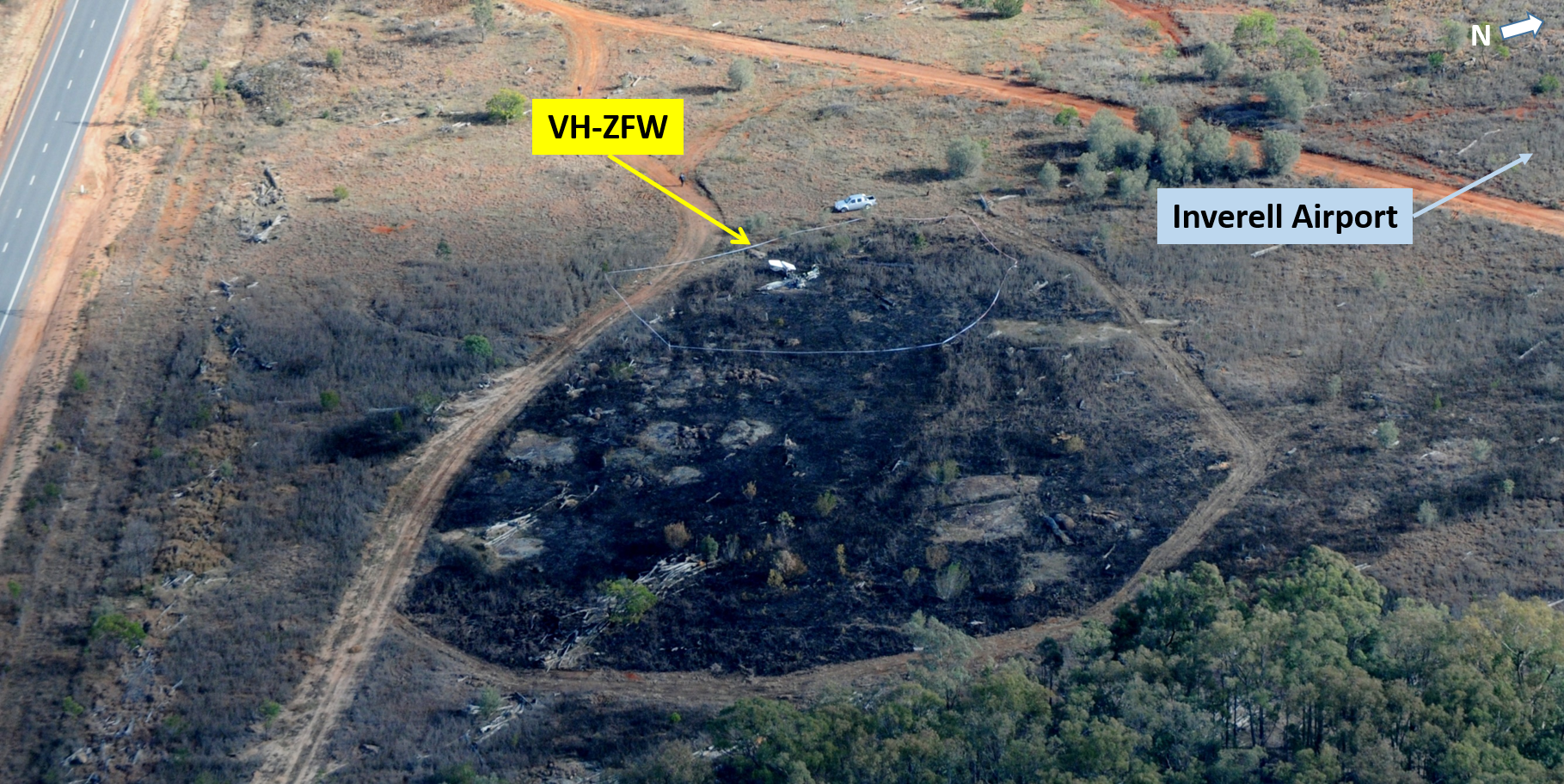 Figure 2: Aerial view of the accident site showing VH-ZFW (looking west-north-west)