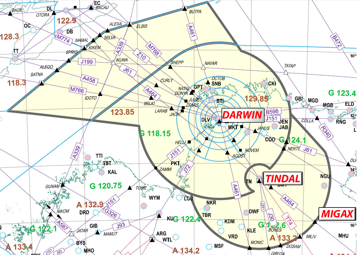 Figure 1: Territory, Coburg and Katherine airspace sectors (Tops Central) map showing air route A464