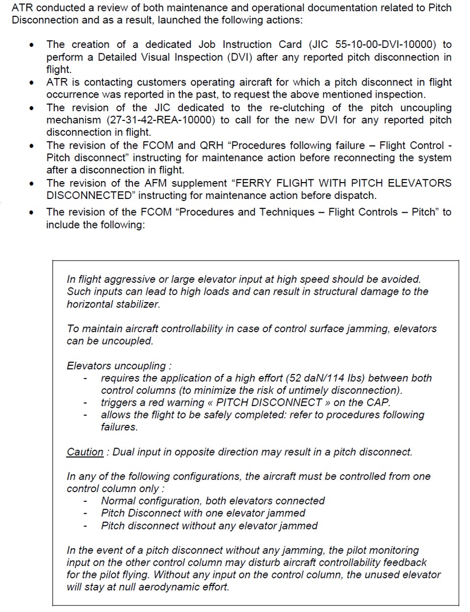 ATR 42/72 aircraft of revised maintenance and operational documentation relating to the pitch control system and pitch disconnect occurrences