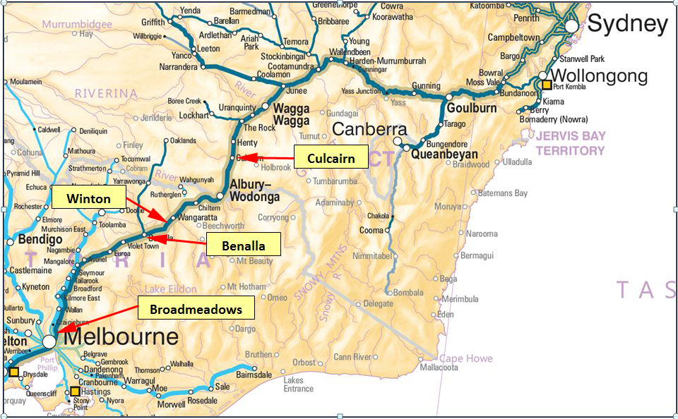 Figure 1: Location of Broadmeadows, Benalla, Winton, and Culcairn. Source: Geoscience Australia annotated by the ATSB