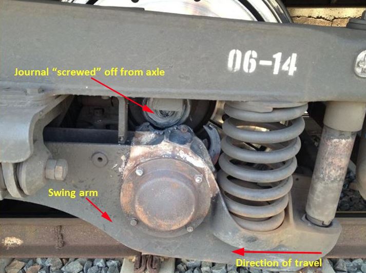 Figure 2: Failed axle and swing arm hanging down. Source: NSW Trains, annotated by the ATSB