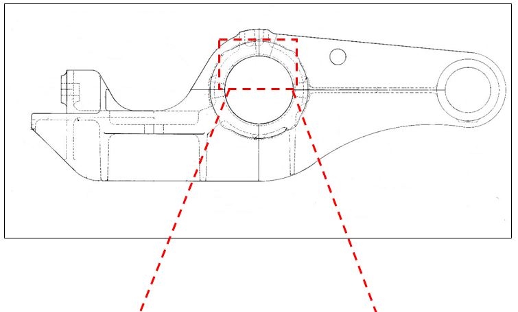 Figure 10: Swing arm assembly with exploded view of the bearing housing bore below . Source: ATSB