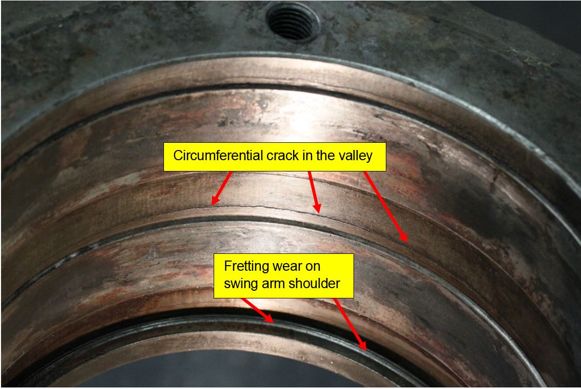 Figure 10: Swing arm assembly with exploded view of the bearing housing bore below . Source: ATSB