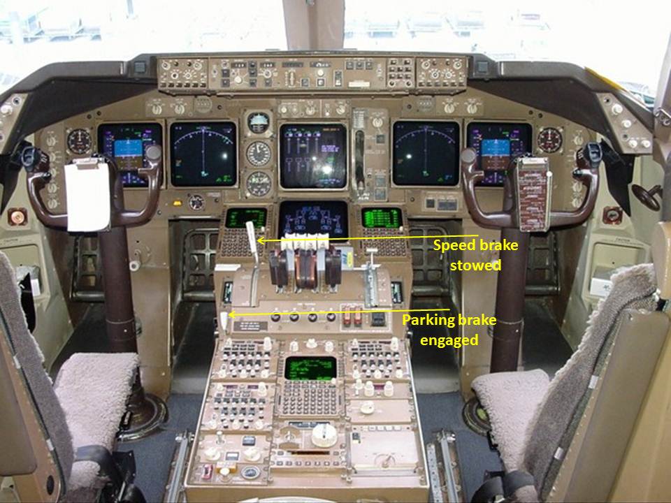 Figure 5: Cockpit control layout, showing the location of the speed brake and parking brake controls