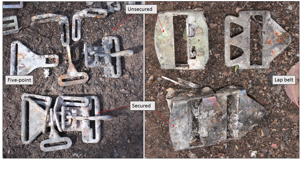 Figure 3: As-found five-point and lap-belt harness buckles. Of these four buckle sets, one of each type was secured (see the lower left and right images below)