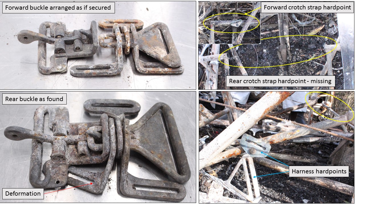 Figure A1: Deformation to rear seat buckle in comparison with the forward buckle, and fracture of rear seat crotch strap hard point