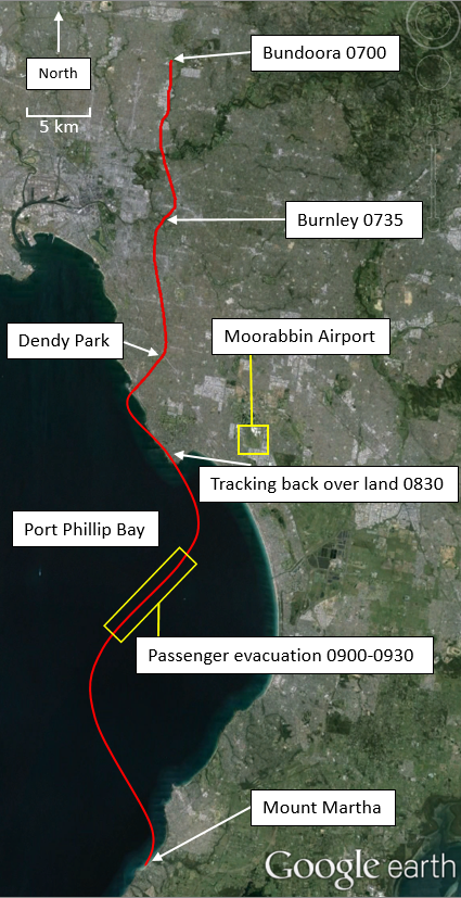 Approximate track of VH-VBM and relevant locations.