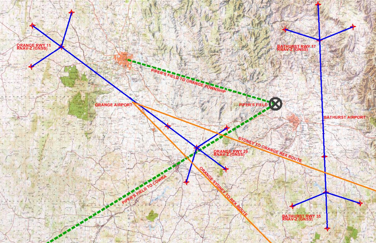 Figure 2: Regional Express Orange and Bathurst tracks relative to Pipers Field