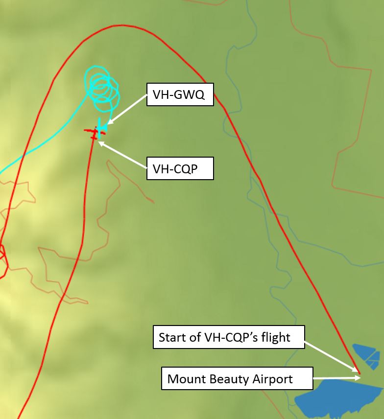 Figure 1: Relative tracks of gliders VH-GWQ and VH-CQP and positions at 1355:02