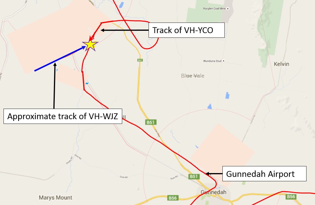 Figure 1: Recorded track of VH-YCO, approximate track of VH-WJZ, and approximate location of near collision