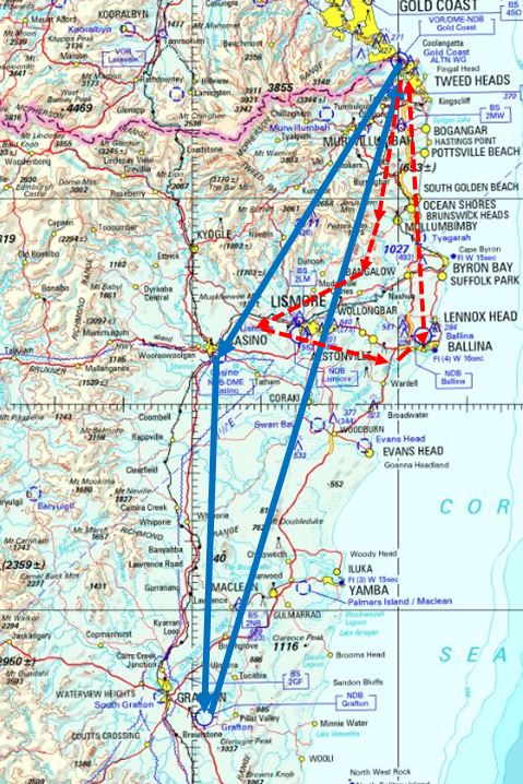 Figure 1: Flight planned track (blue), approximate track flown (red)