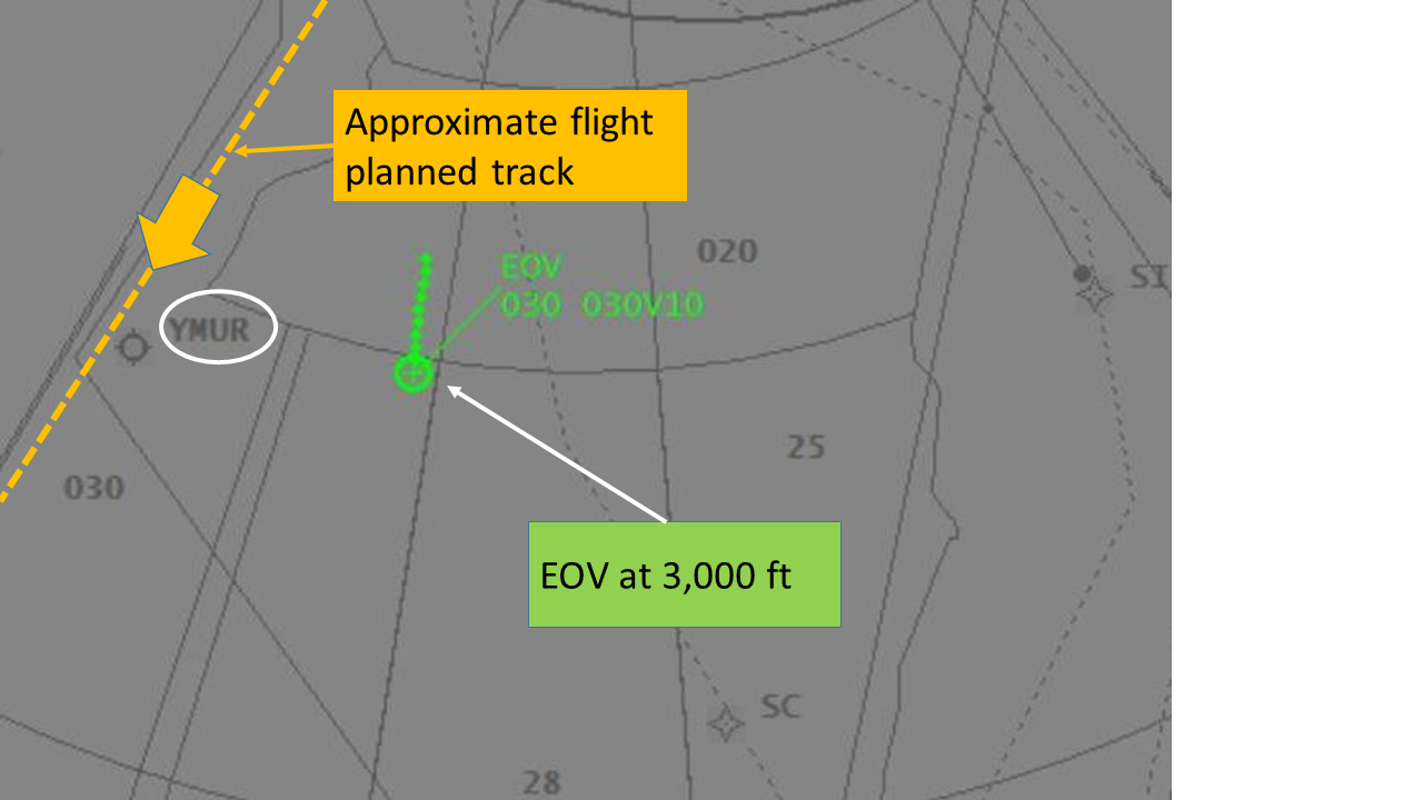 Figure 2: Flight planned track to Casino in yellow. EOV (green) tracking to the east of Murwillumbah Airport (YMUR, white circle) in a southerly direction