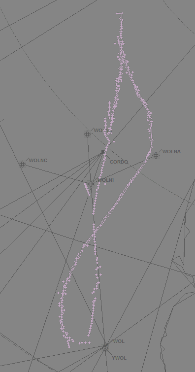 Figure 1: Radar trace of the aircraft that appeared on Airservices Australia surveillance radar in the area of Wedderburn Airport at 1628 (at left, with the aircraft’s radar returns shown in lilac) and the radar trace and returns (also in lilac) overlaid on Google earth (right)