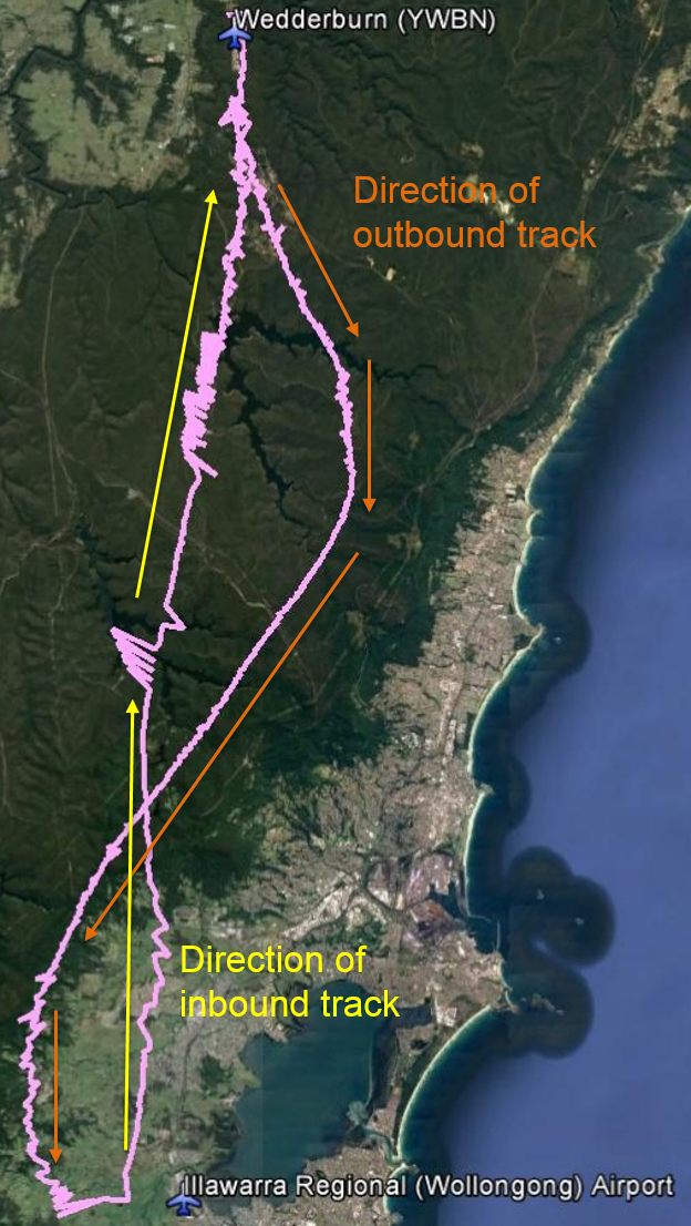 Figure 1: Radar trace of the aircraft that appeared on Airservices Australia surveillance radar in the area of Wedderburn Airport at 1628 (at left, with the aircraft’s radar returns shown in lilac) and the radar trace and returns (also in lilac) overlaid on Google earth (right)