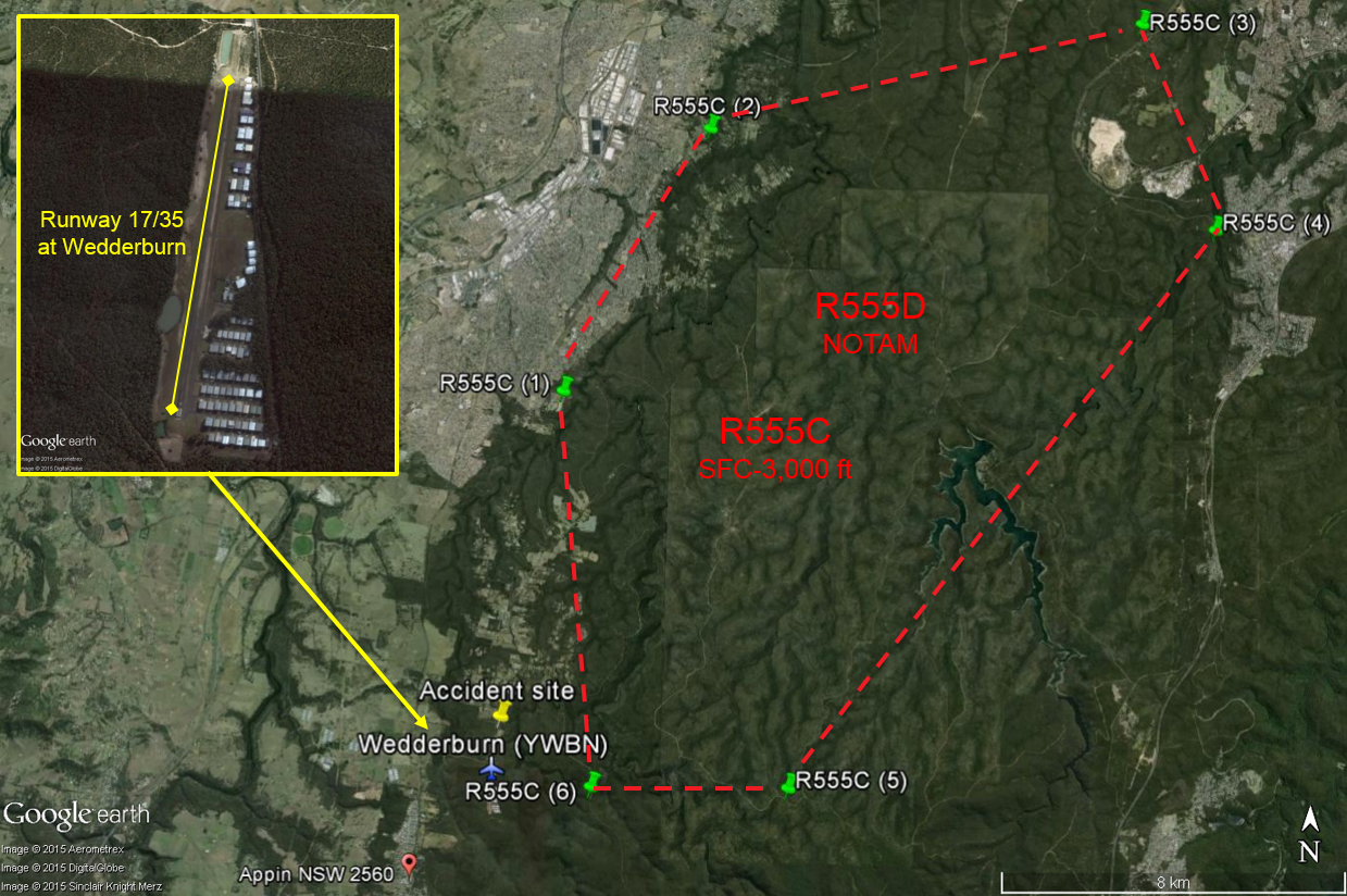 Figure 3: Proximity of restricted area R555 (outlined by the red dashed line) to Wedderburn Airport (bottom-left of the restricted area) and Wedderburn runway 17/35 at inset