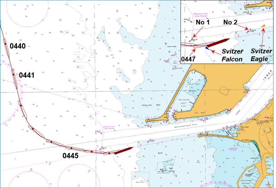 Figure 3: Section of navigational chart Aus 113 showing Maersk Garonne’s track from 0440 at one-minute intervals (inset shows the grounded ship and the tugs at 0448½)