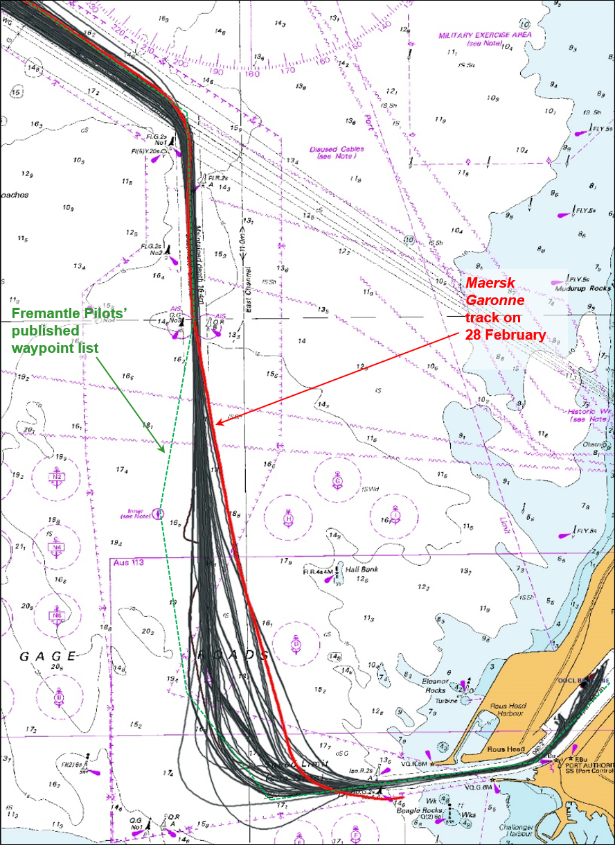 Figure 6: Inbound pilotage tracks of ships greater than 250 m in length in the 2 months preceding the grounding