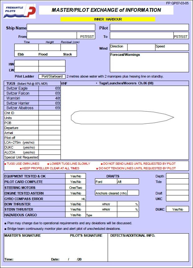 Appendix A – Fremantle Pilots’ Master/Pilot exchange form