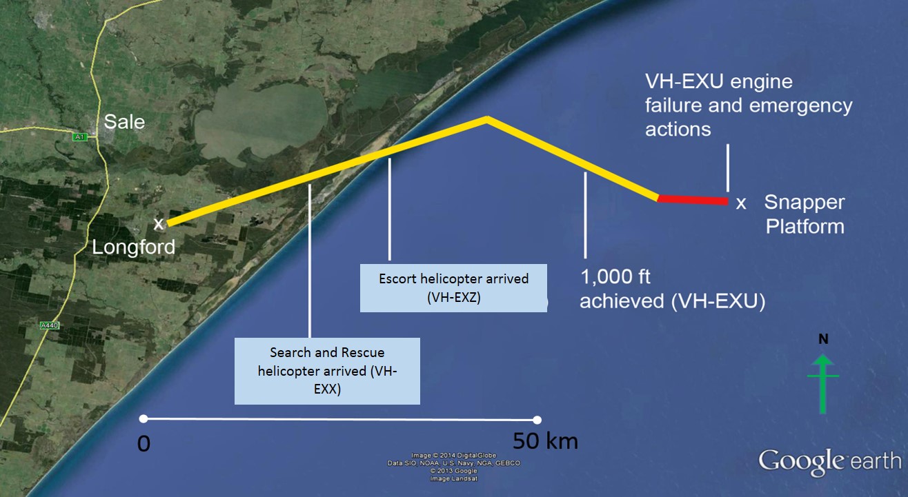 Figure 1: Approximate flight track from Snapper platform to the operator’s heliport at Longford