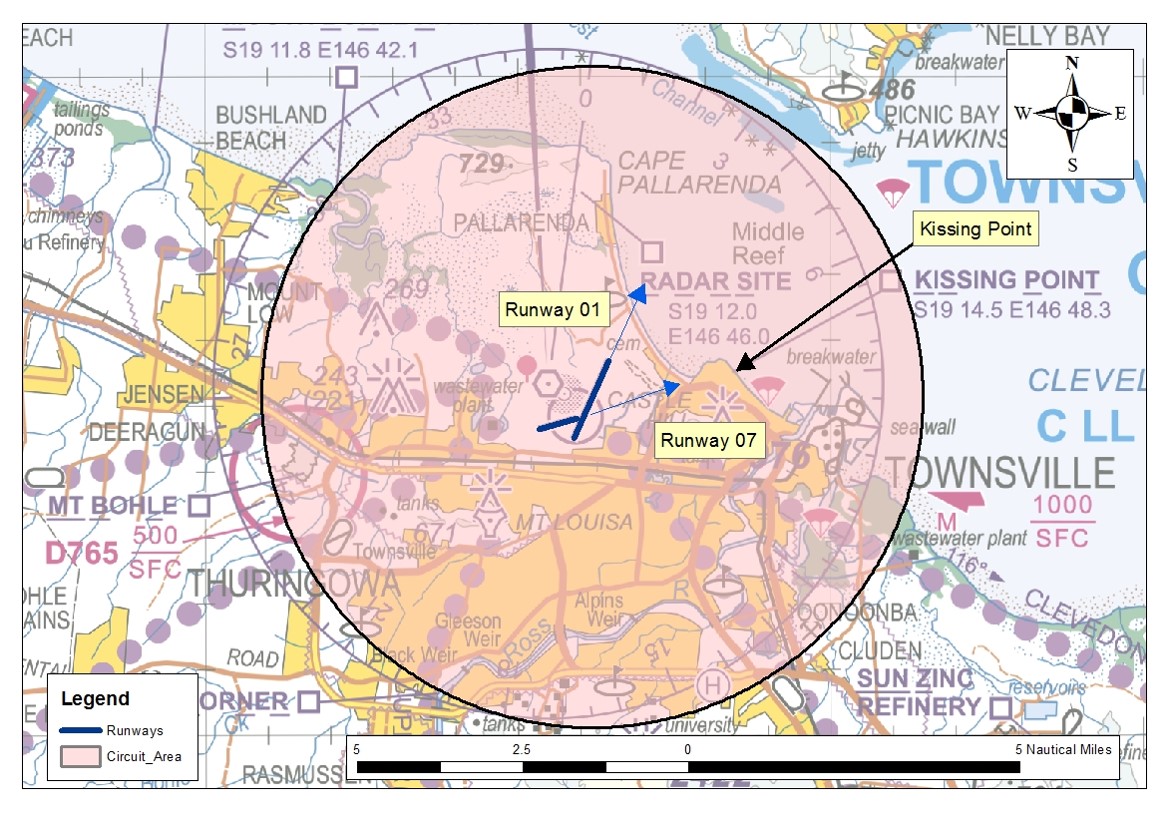 Figure 1: Townsville circuit area (shaded), showing the runways in use and Kissing Point