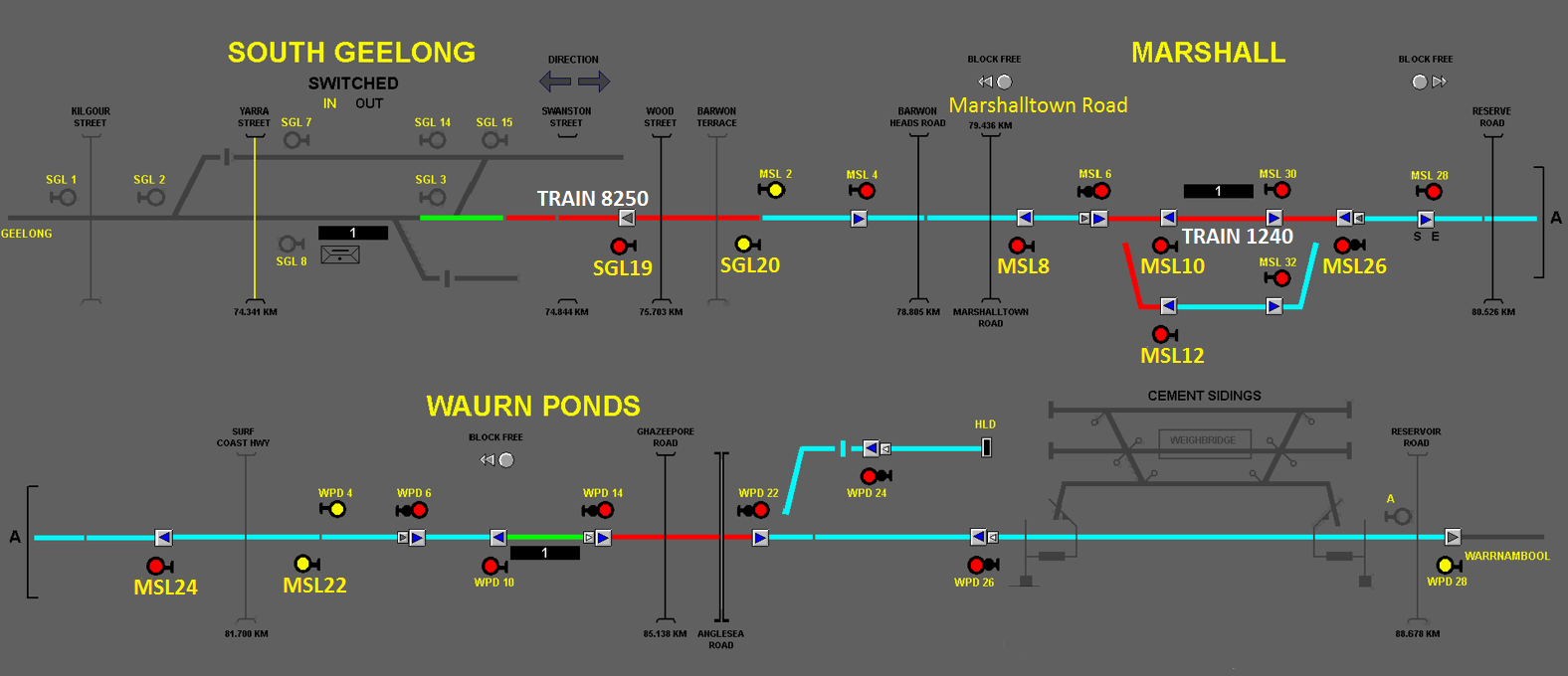 Figure 7: Extract of VDU screen at 19:25:29 showing Train 1240 had now passed signal MSL10 at Stop.