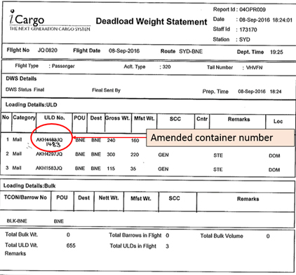 Figure 4: Extract of the deadload weight statement