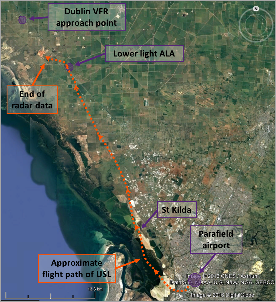 Figure 1: Approximate flight path of USL from Parafield to just past the Lower Light ALA