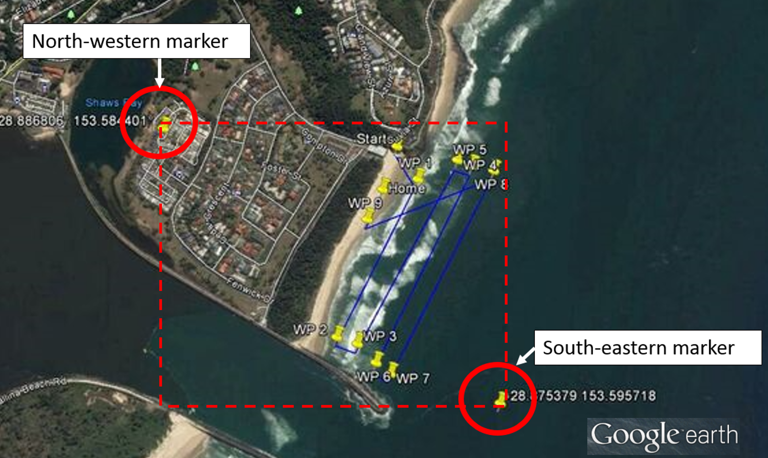 Figure 3: Planned operating area defined using NW and SE markers