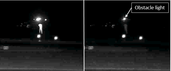 Figure 4: Flashing primary wind indicator showing the windsock illuminated when the runway lights were active (left) and not illuminated (right)