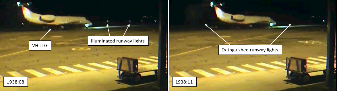 Figure 3: JTG taxiing on 28 August with runway lights illuminated (left) and then extinguished (right)