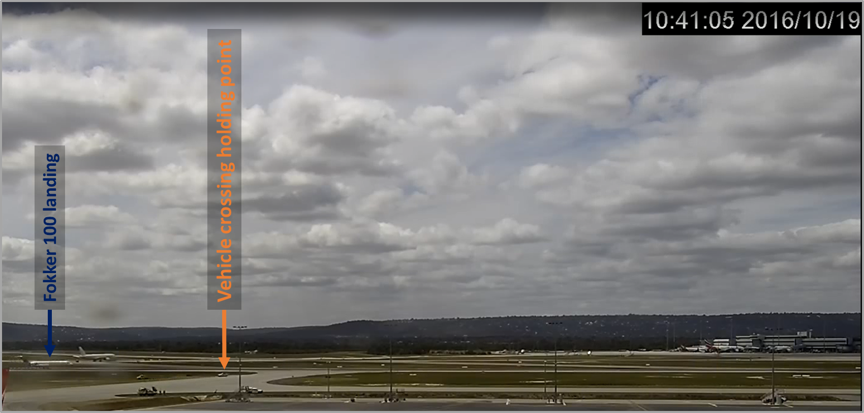 Figure 3: Location of Fokker 100 aircraft landing on runway 21 and vehicle as it crossed back over the taxiway delta holding point for runway 21