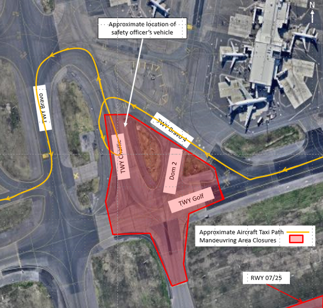 Figure 2: Approximate aircraft taxi path and location of safety officer’s vehicle