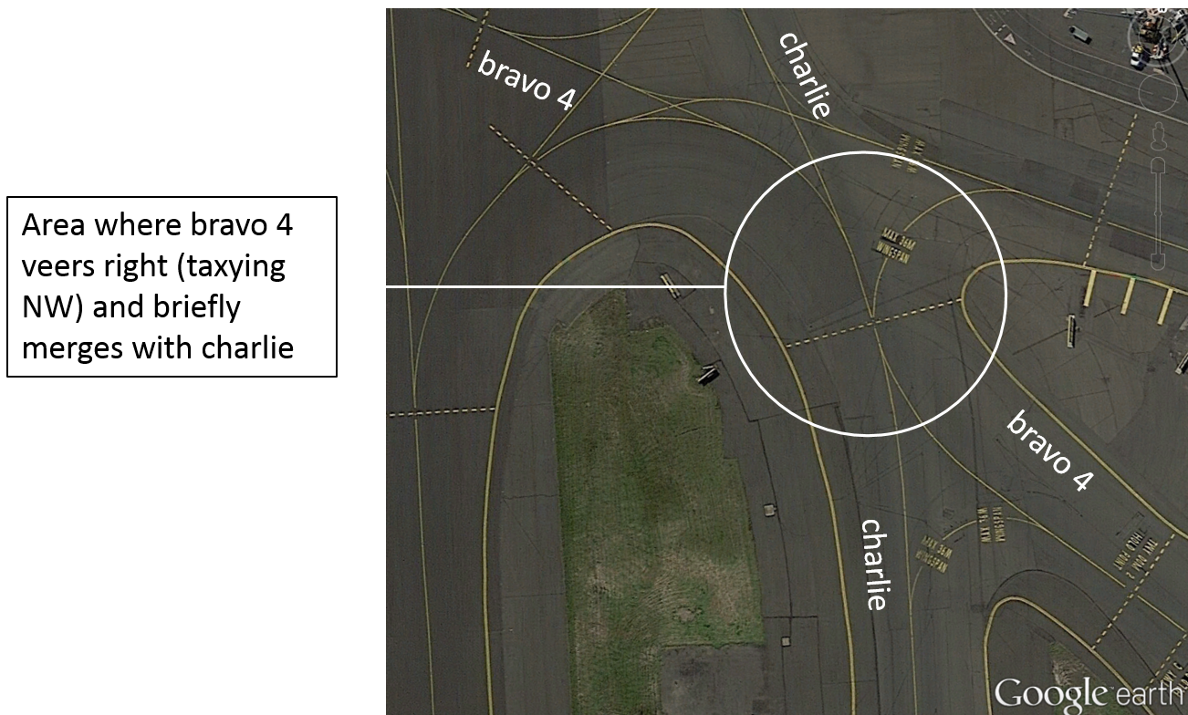 Figure 3: Taxiway intersection showing the area where bravo 4 veers right (taxying NW) and bravo 4 and charlie merge for a short distance