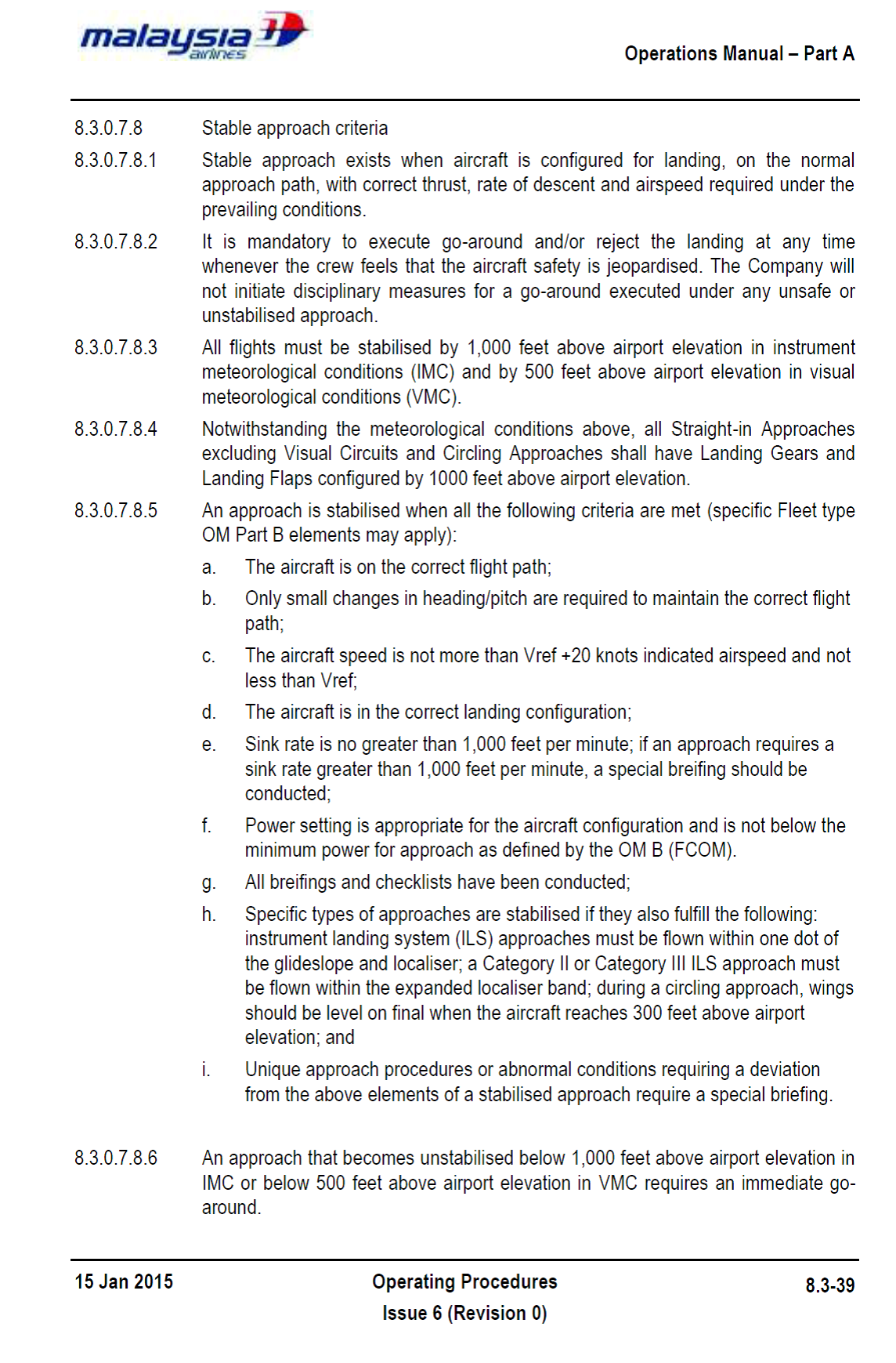 Figure 3: Extract from the operator’s Operations Manuals current at the time of the occurrence.