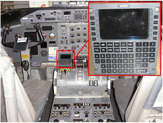 Figure 1: DHC-8-315 instrument panel showing the location of the FMS on the captain’s side of the centre console (detailed view of the FMS at inset)