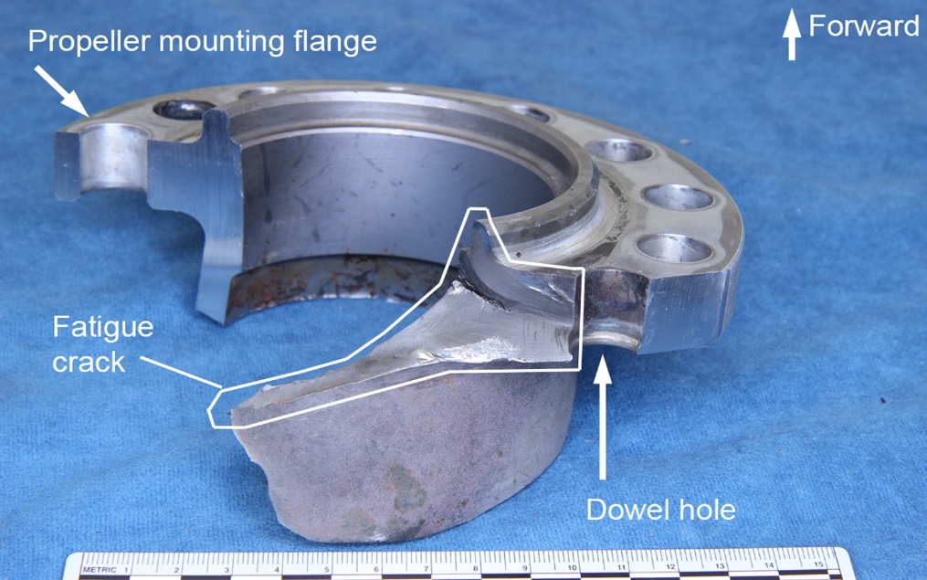 Figure 4: Section of the propeller shaft showing the fatigue crack originating at the dowel hole and progressing into the shaft itself