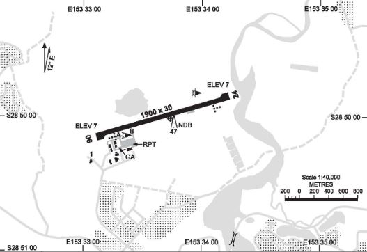 Figure 2: Navigational chart depicting the Ballina airport runway and position of the regular public transport (RPT) apron areas. Note there are no taxiways running parallel to the runway