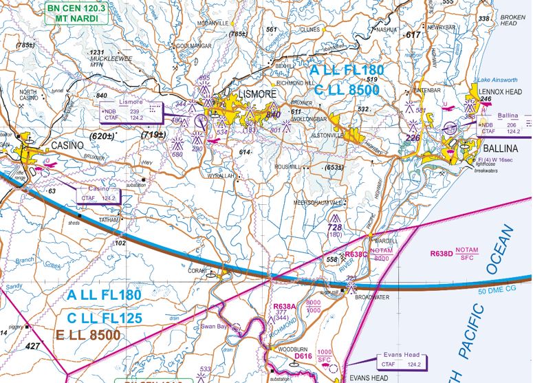 Figure 3: An extract of the Visual Terminal Chart of the Ballina area. The Casino and Lismore airports are depicted and share the CTAF of 124.2 MHz with Ballina airport. Also depicted in magenta are the restricted areas to the south Ballina, and the lower limit of the class C controlled airspace overhead those airports of 8,500 ft (in blue)