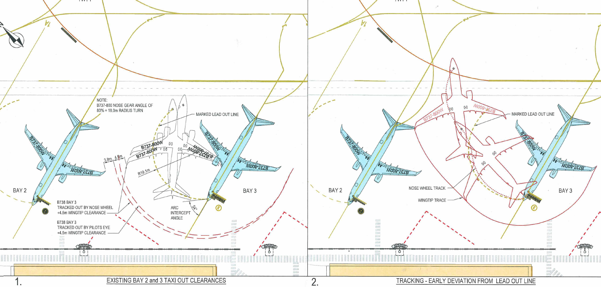 Figure 10: Airport survey markings showing B737 aircraft taxi track with nose wheel on lead-out line (left) and approximate incident taxi path (right)