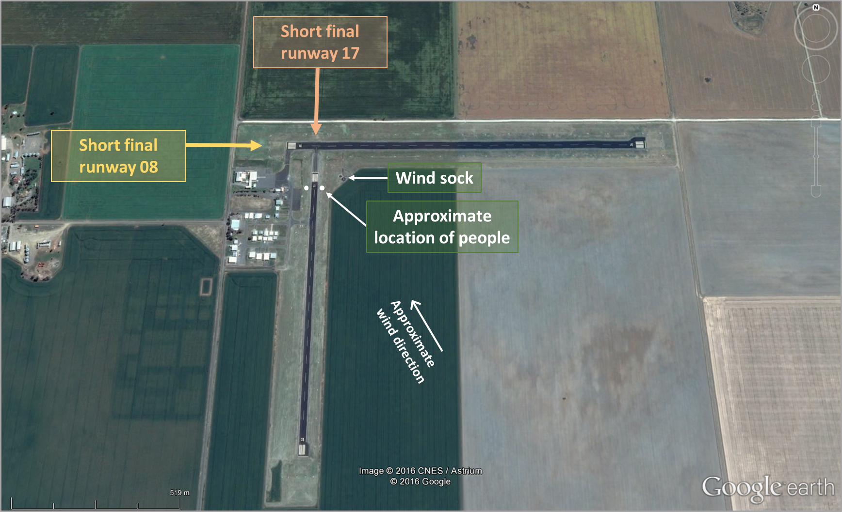 Figure 1: Map of airport showing runways 08 and 17 and the approximate location of the ground personnel