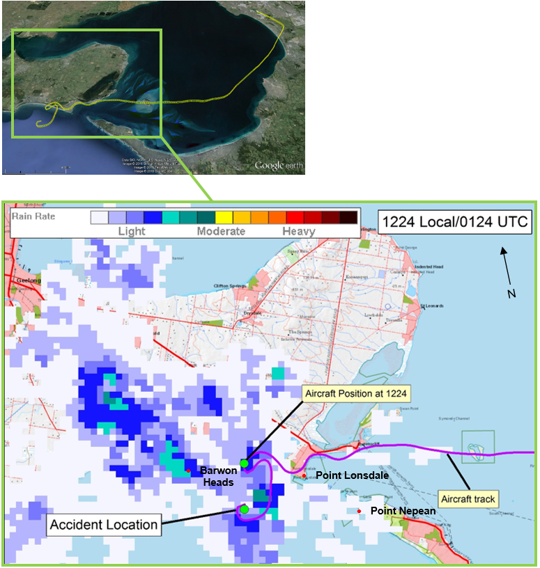 Figure 4: Weather radar recording (orientated with reference to a Google earth map at inset) and associated ‘Rain rate’ at 1224, showing the aircraft’s track